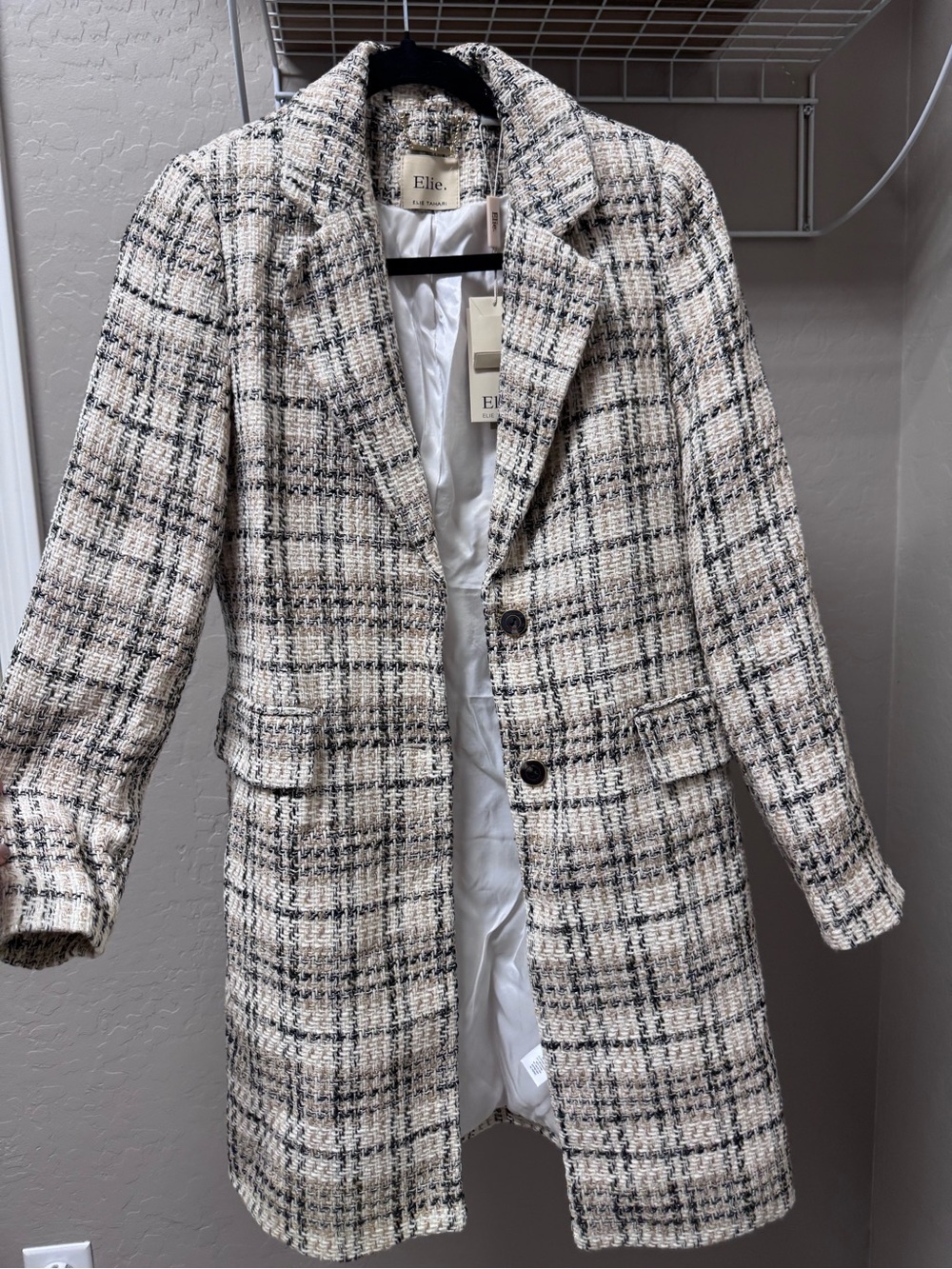 Elie Tahari Cream & Black Plaid Tweed Peacoat